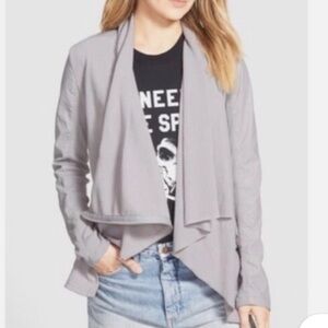 Blank NYC Light Gray Vegan Leather Open Front Moto Jacket, size Medium